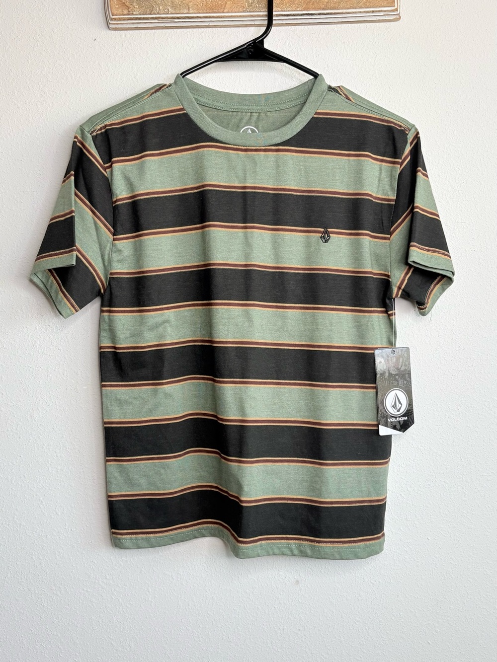 Volcom Green and Black Striped Short Sleeve Tee with Tan Accents